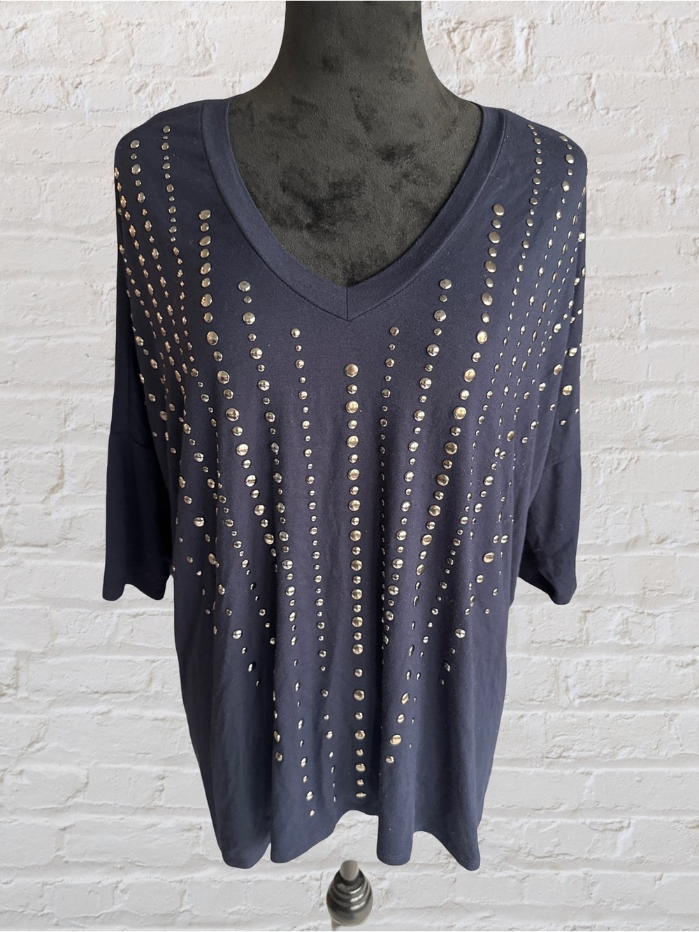 Red 23 Navy Studded V-Neck Short Sleeve Tops - oversized